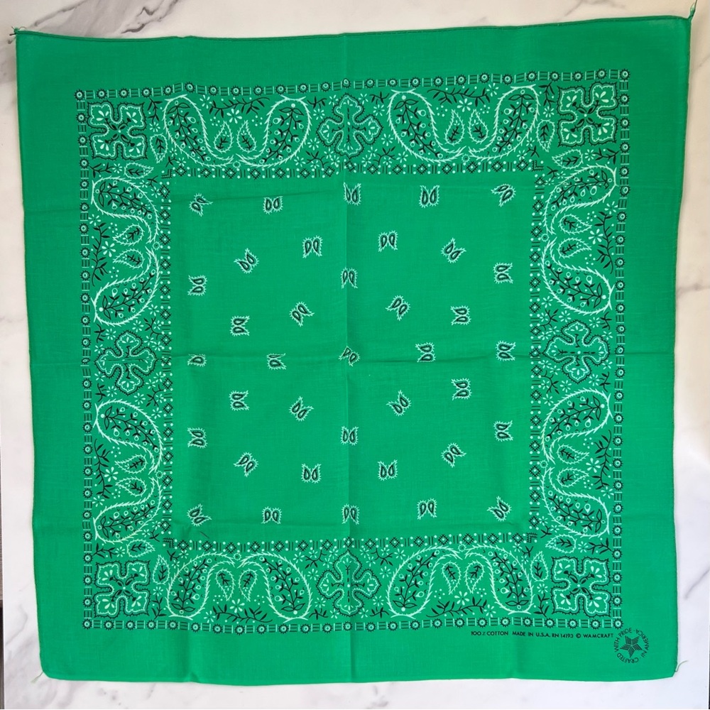 Vintage Wamcraft Bandana Handkerchief Emerald Green Paisley Cotton Made in USA